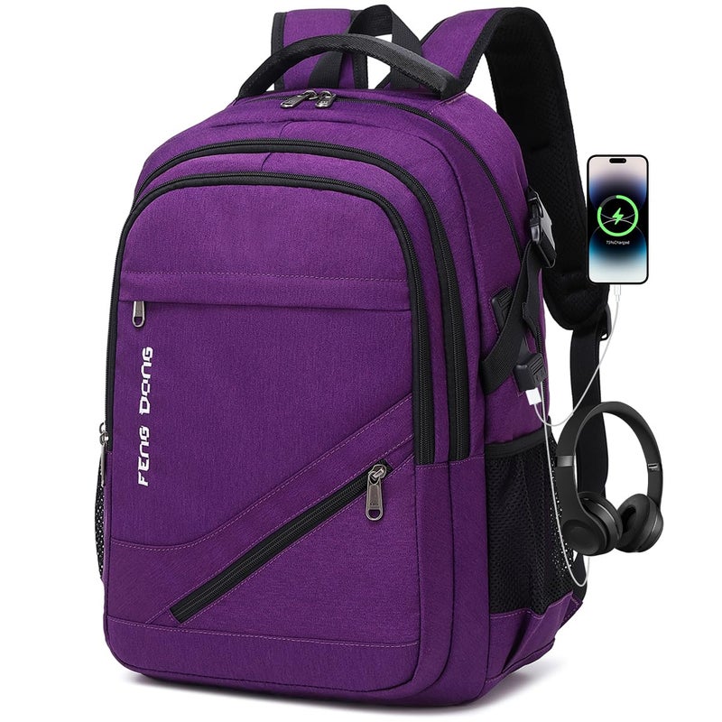 FENGDONG Durable Waterproof Travel Large Laptop Backpack 17.3 inch,College Backpack Bookbag for Men & Women Business Backpack with USB Charging Port and Headset Port Purple - Image 1